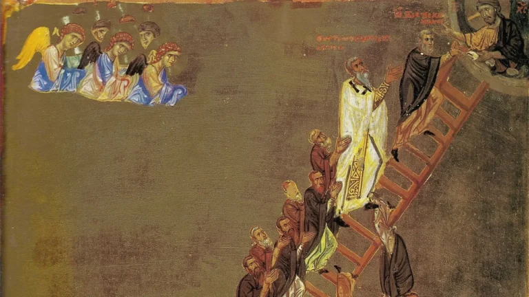 Icoon van de hemelse ladder: monniken klimmen naar Christus, die de heilige Johannes Climacus ontvangt. Klooster van de heilige Catharina, Sinaï, 12e eeuw